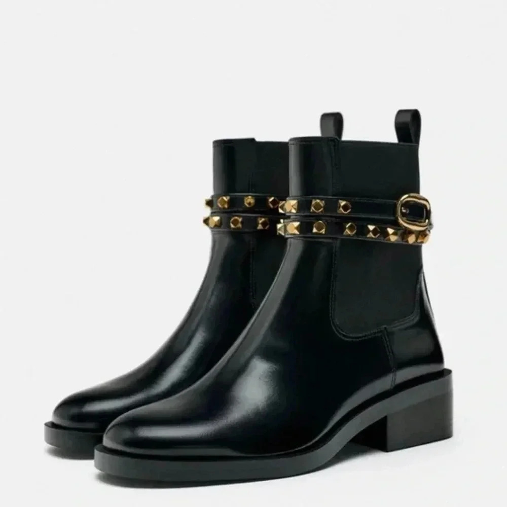 Zara Flat Chelsea Ankle Booties with studded gold straps and buckle (size 10) - Picture 1 of 12